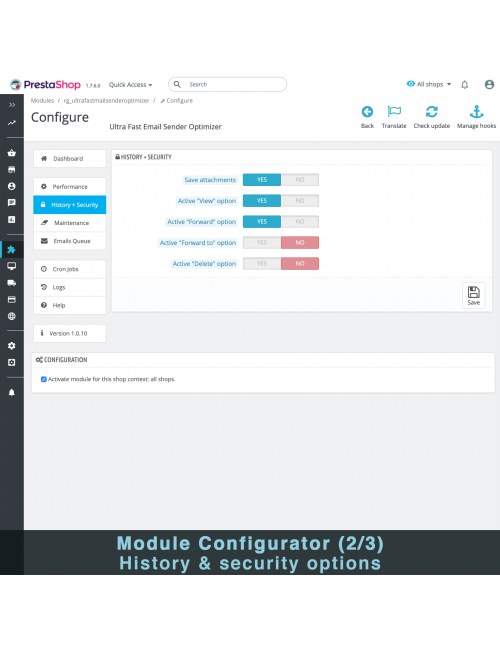 Historial y configuración de seguridad del módulo Optimizador Ultra Rápido de Envío de Correos para PrestaShop
