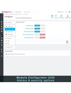 Historial y configuración de seguridad del módulo Optimizador Ultra Rápido de Envío de Correos para PrestaShop