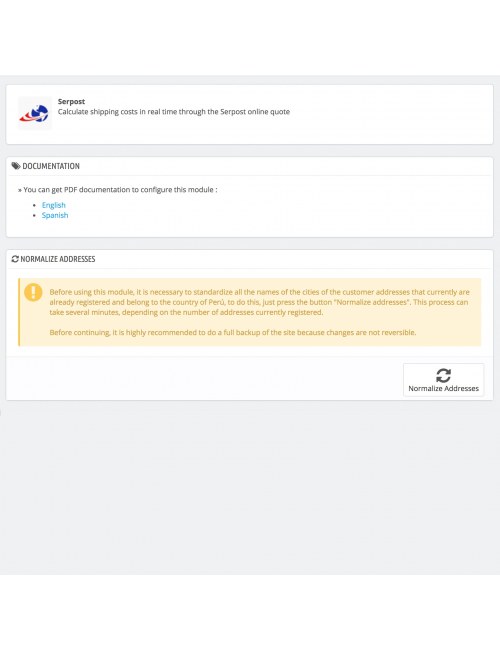 Configuraciones del módulo Serpost for PrestaShop