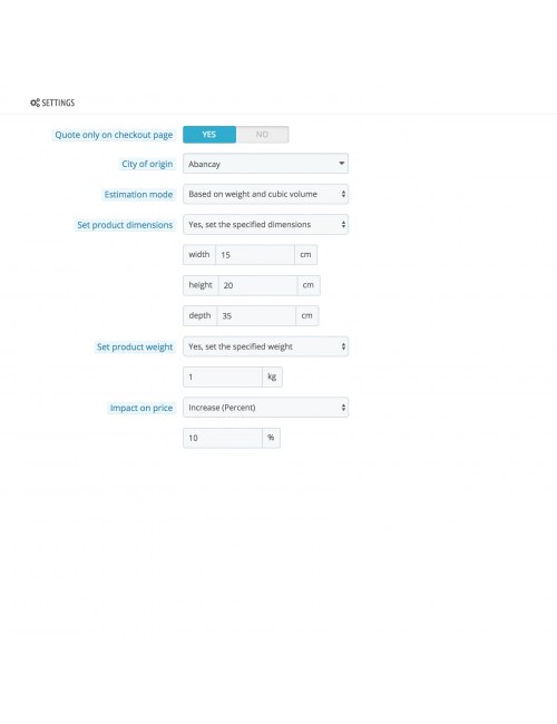 Settings of the module Serpost for PrestaShop