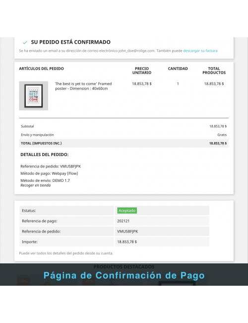 Payment confirmation page of the module Flow Plus for PrestaShop