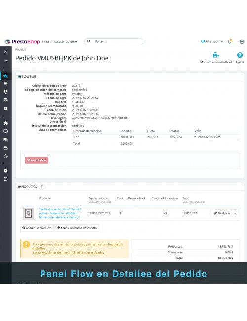 Order detail page of the module Flow Plus for PrestaShop
