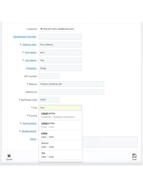 Address form of the module Serpost for PrestaShop