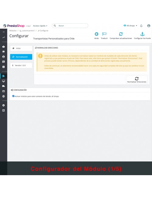Configuraciones del módulo Transportistas Personalizados para Chile para PrestaShop