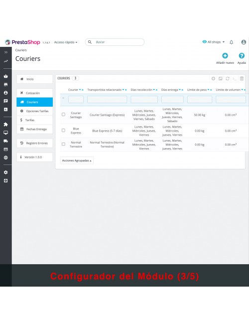 Configuraciones del módulo Transportistas Personalizados para Chile para PrestaShop