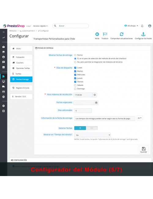 Configuraciones del módulo Transportistas Personalizados para Chile para PrestaShop