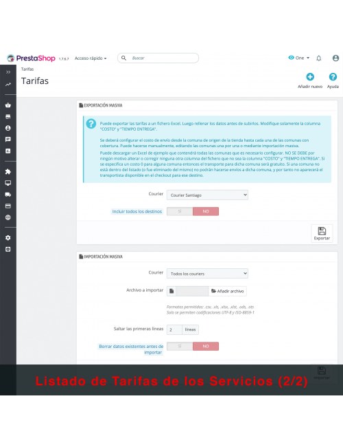 Configuraciones del módulo Transportistas Personalizados para Chile para PrestaShop