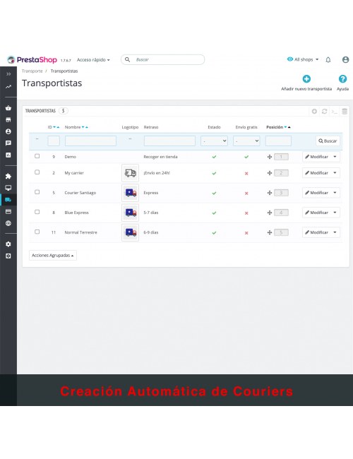 Transportistas del módulo Transportistas Personalizados para Chile para PrestaShop