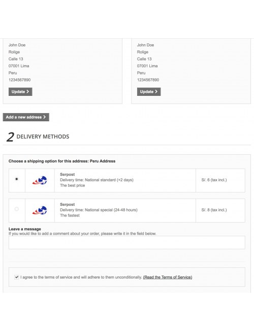 Services list of the module Serpost for PrestaShop