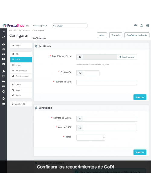 Certificates  - CoDi México, Banxico, Banco de México, SPEI, bank transfer, PrestaShop module