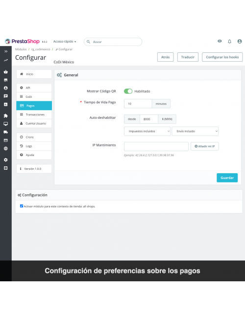Payment settings - CoDi México, Banxico, Banco de México, SPEI, bank transfer, PrestaShop module