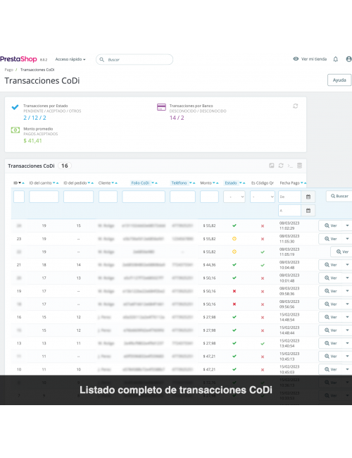 Transaction list - CoDi México, Banxico, Banco de México, SPEI, bank transfer, PrestaShop module