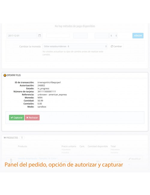 Opción de autorizar del módulo Openpay Plus para PrestaShop