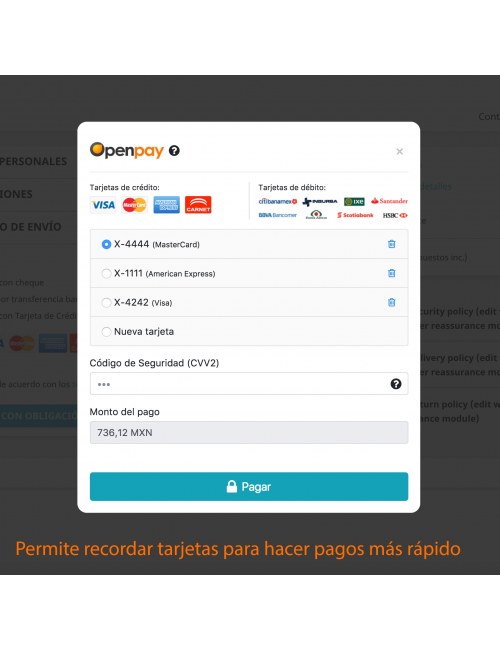 Pasarela de pago del módulo Openpay Plus para PrestaShop