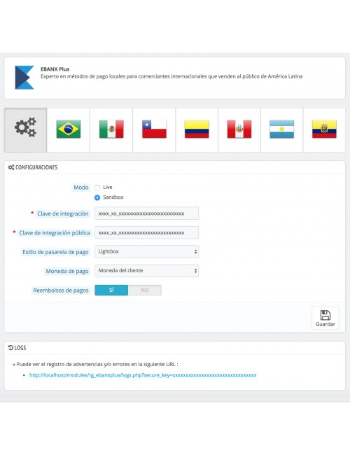 Configuraciones del módulo EBANX Plus para PrestaShop