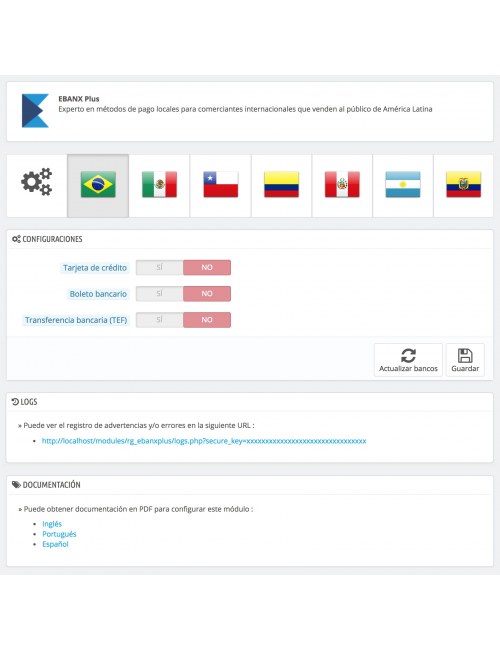 Configuraciones del módulo EBANX Plus para PrestaShop