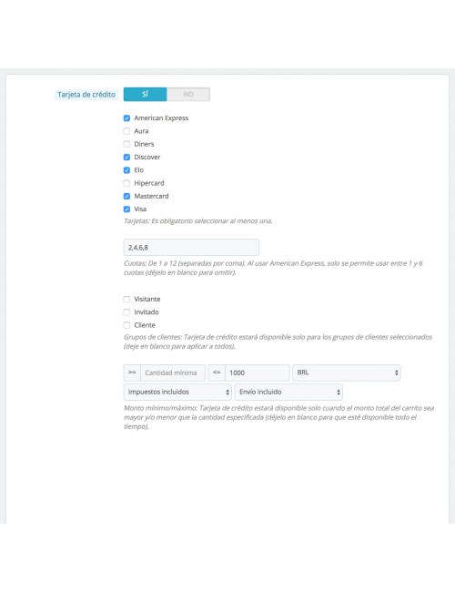 Configuraciones del módulo EBANX Plus para PrestaShop