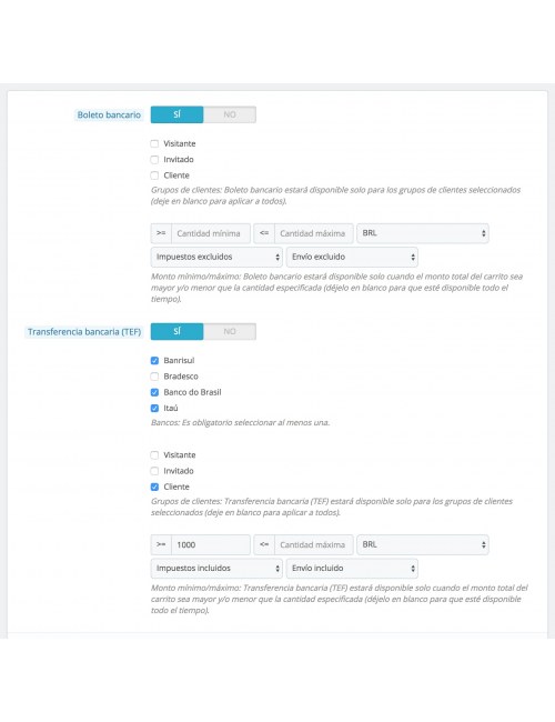 Configuraciones del módulo EBANX Plus para PrestaShop
