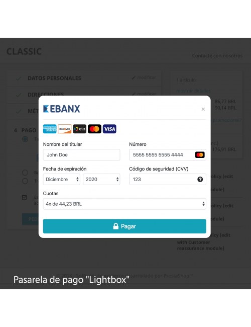 Pasarela de pago en estilo lightbox del módulo EBANX Plus para PrestaShop