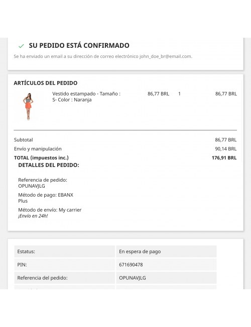 Confirmación de pago del módulo EBANX Plus para PrestaShop