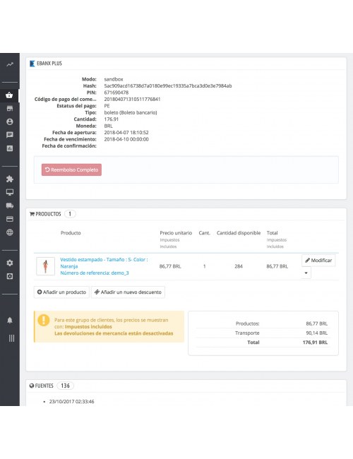 Detalles del pedido del módulo EBANX Plus para PrestaShop